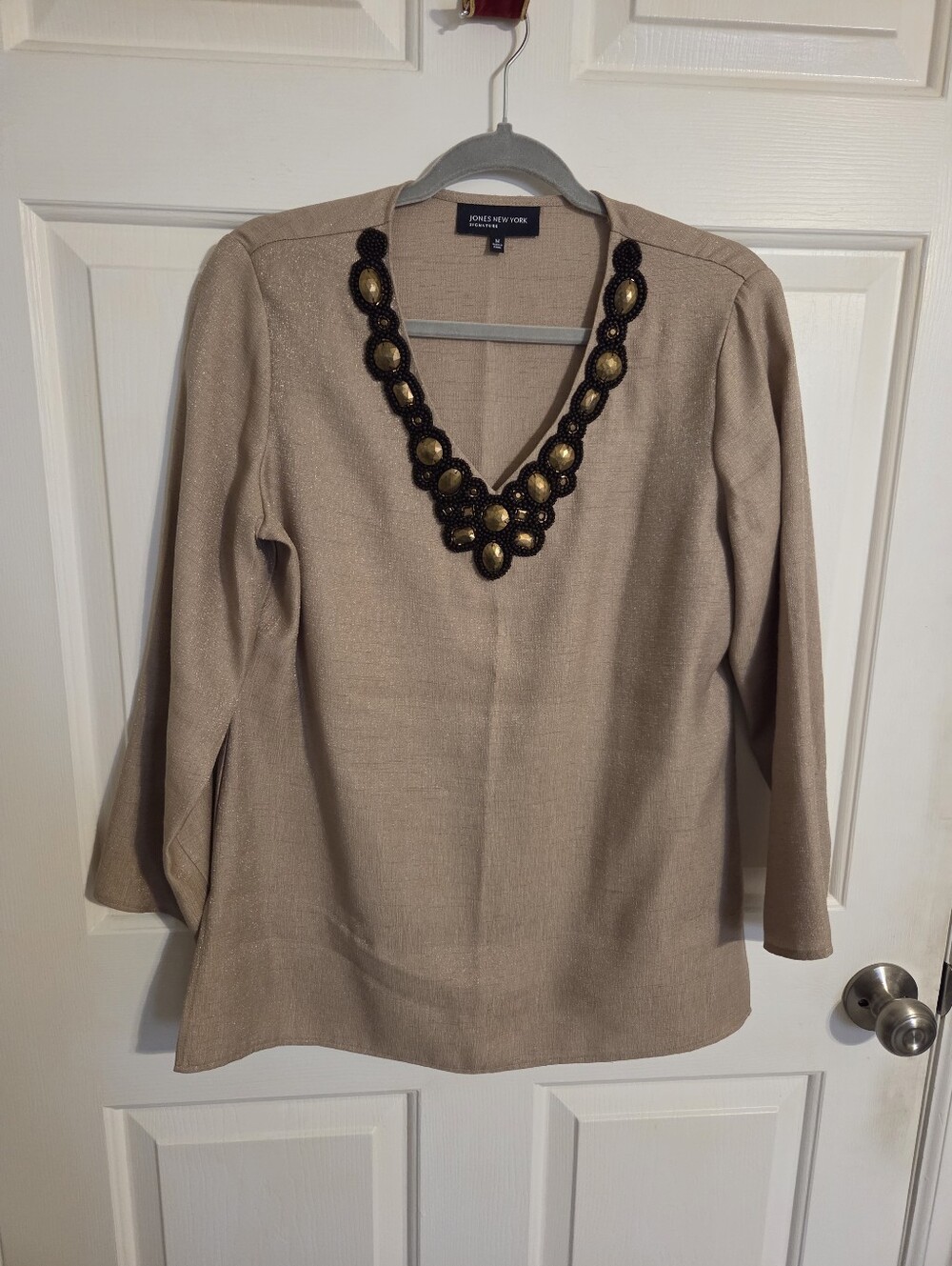 Jones New York Tan V-Neck Tunic with Beaded Embellishment
